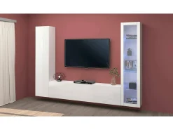 Discount Dmora Parete attrezzata Girolamo, Set salotto porta TV a 3 ante, Mobile soggiorno multiuso con vetrina e luce LED, 100% Made in Italy, cm 260x30h180, Bianco lucido Branco