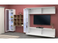 Dmora Parete attrezzata Gustavo, Set salotto porta TV a 4 ante, Mobile soggiorno multiuso con vetrina e luce LED, 100% Made in Italy, cm 350x30h180, Bianco lucido^ Móvel De Tv