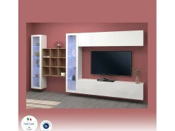 Dmora Parete attrezzata Gustavo, Set salotto porta TV a 4 ante, Mobile soggiorno multiuso con vetrina e luce LED, 100% Made in Italy, cm 350x30h180, Bianco lucido^ Móvel De Tv