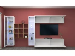Dmora Parete attrezzata Gustavo, Set salotto porta TV a 4 ante, Mobile soggiorno multiuso con vetrina e luce LED, 100% Made in Italy, cm 350x30h180, Bianco lucido^ Móvel De Tv