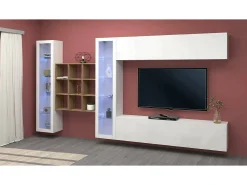 Dmora Parete attrezzata Gustavo, Set salotto porta TV a 4 ante, Mobile soggiorno multiuso con vetrina e luce LED, 100% Made in Italy, cm 350x30h180, Bianco lucido^ Móvel De Tv