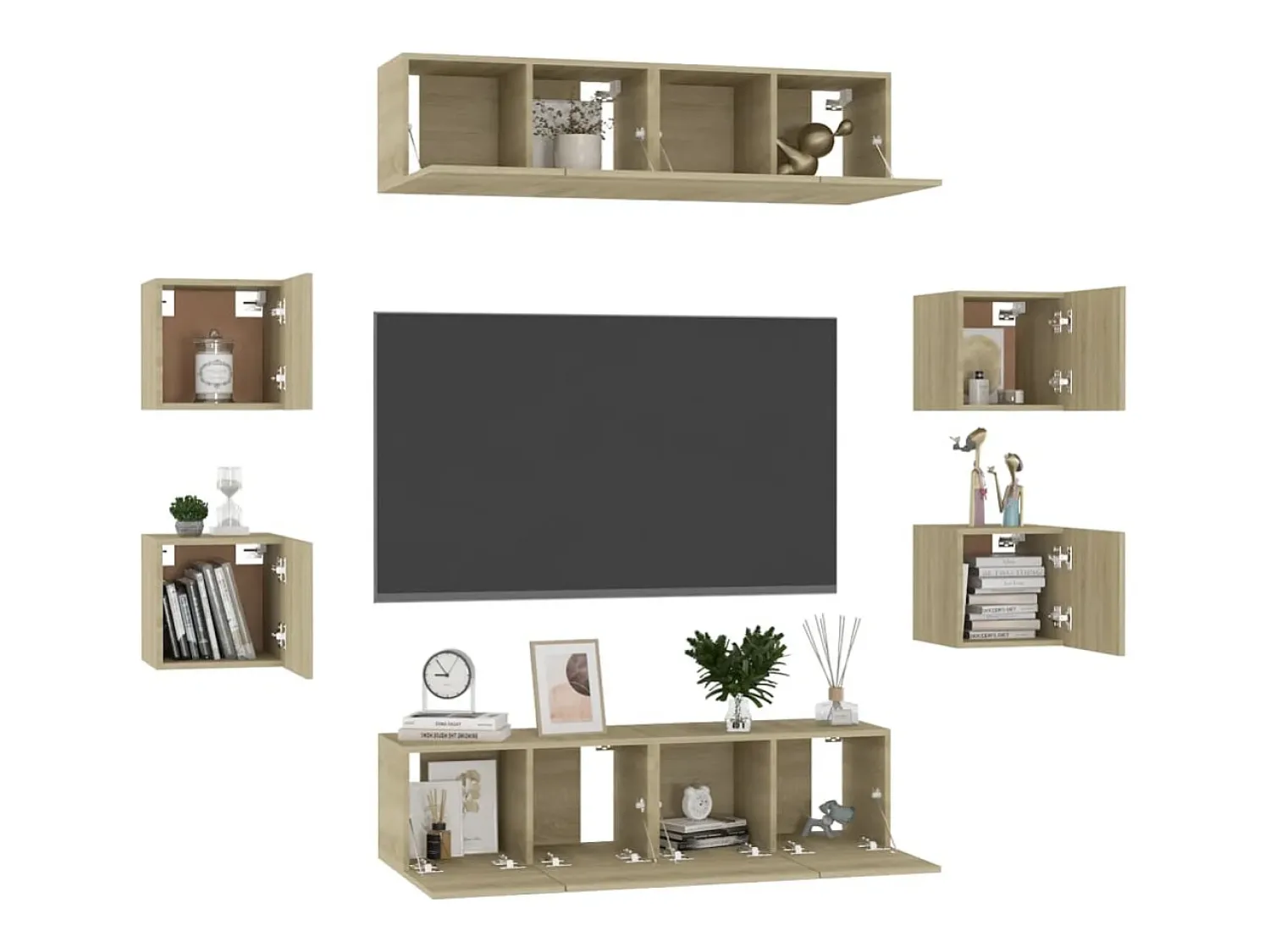 8pcs conjunto móveis de TV derivados de madeira carvalho sonoma PT705861^ Móvel De Tv