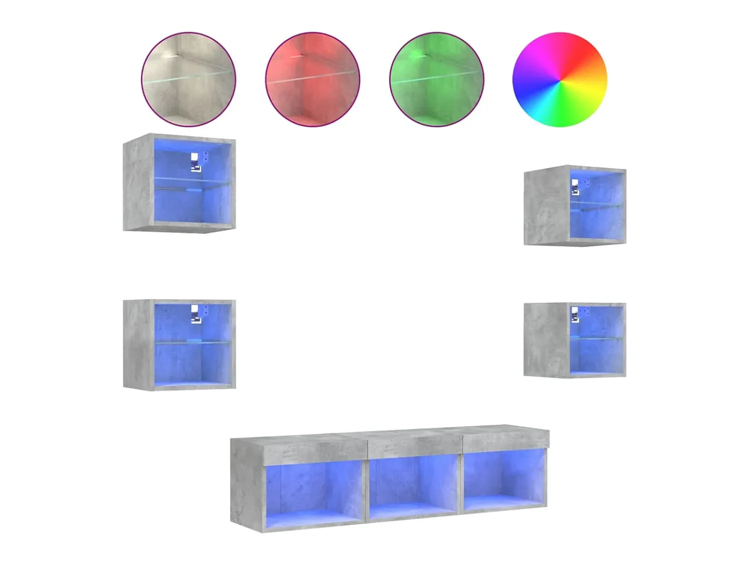 7pcs móveis parede p/ TV c/ LEDs deriv. madeira cinza cimento PT515811^ Móvel De Tv