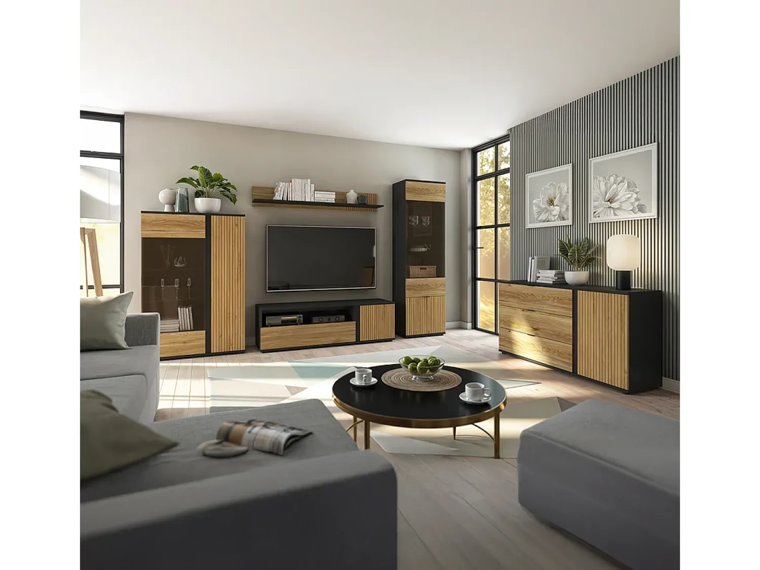 Vitrina|Petits-Meubles Pia Armário expositor de 2 portas preto e madeira Natural claro