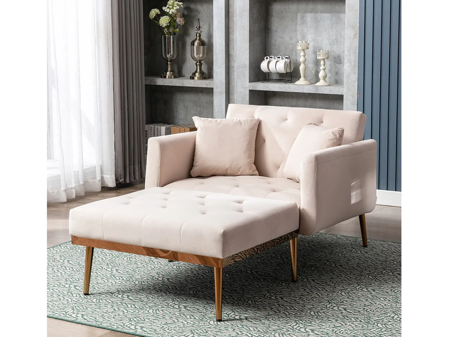 Poltrona*Hauss Spole Poltrona convertível em veludo com encosto regulável em 3 posições 165x90x77cm Bege