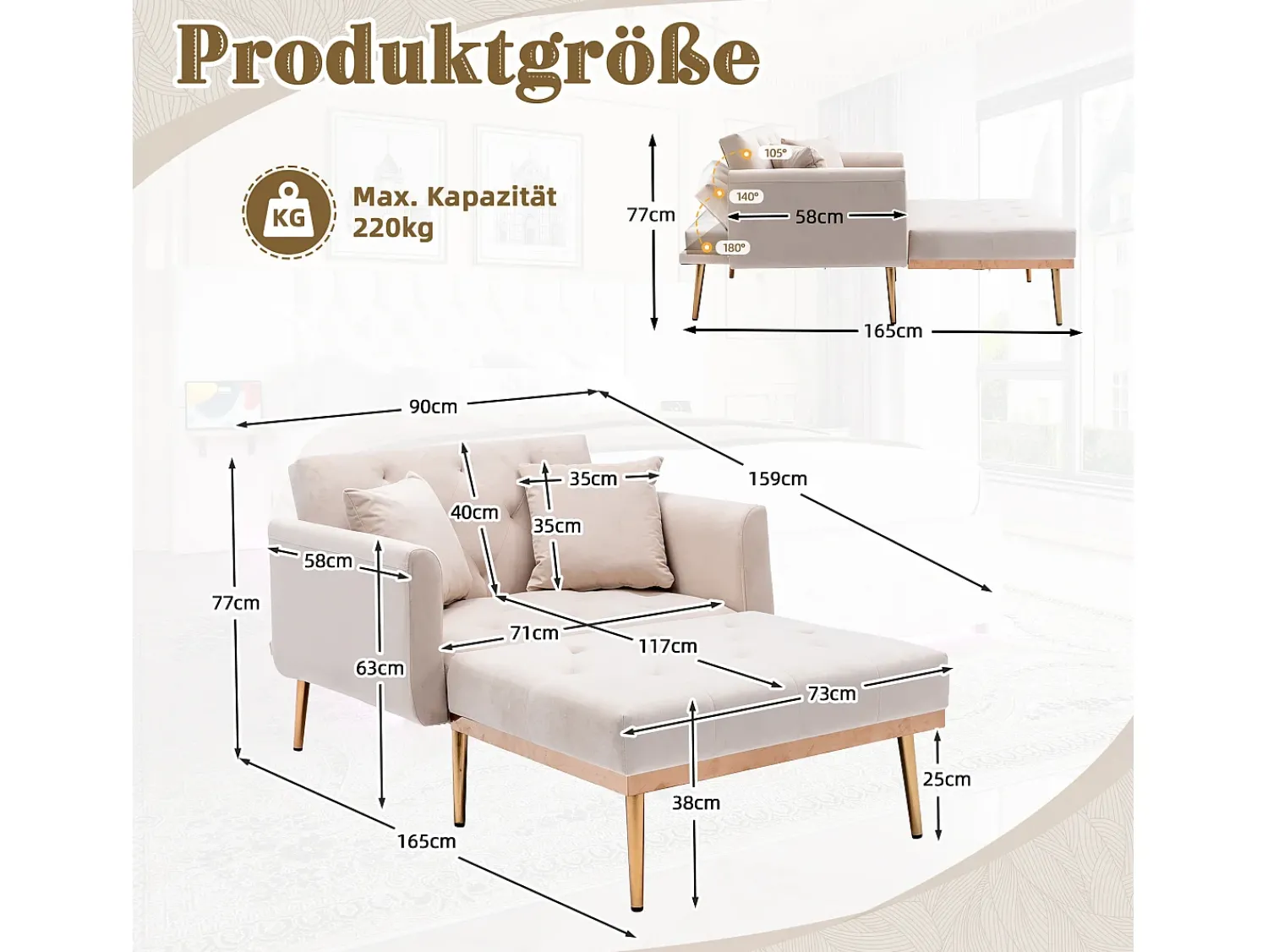 Poltrona*Hauss Spole Poltrona convertível em veludo com encosto regulável em 3 posições 165x90x77cm Bege