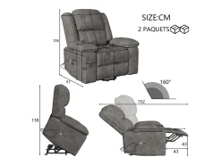 Poltrona* Poltrona de massagem elétrica para relaxamento - Ajuste de vibração e calor, bolsos laterais - Cinza Cinzento