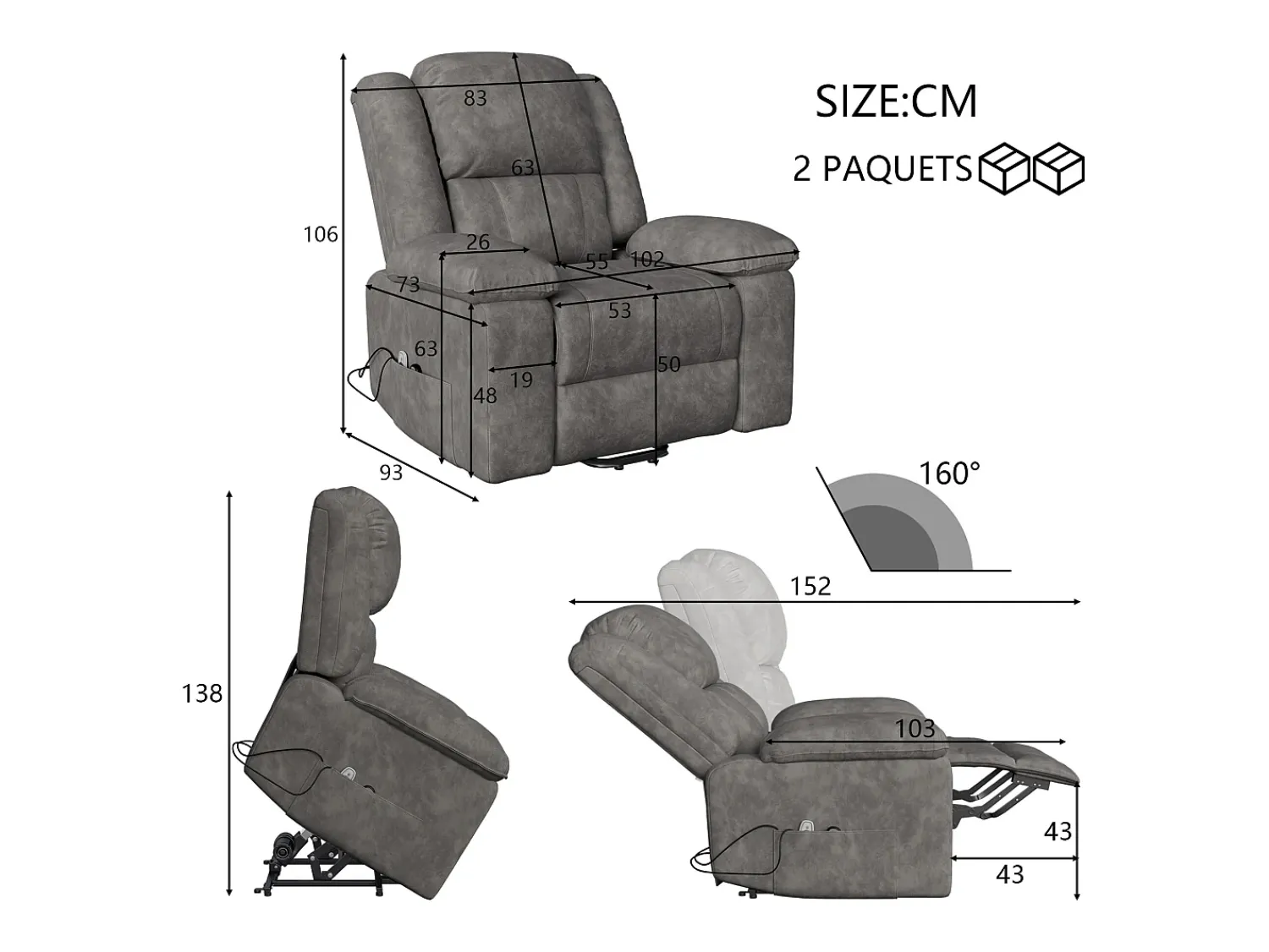 Poltrona* Poltrona de massagem elétrica para relaxamento - Ajuste de vibração e calor, bolsos laterais - Cinza Cinzento