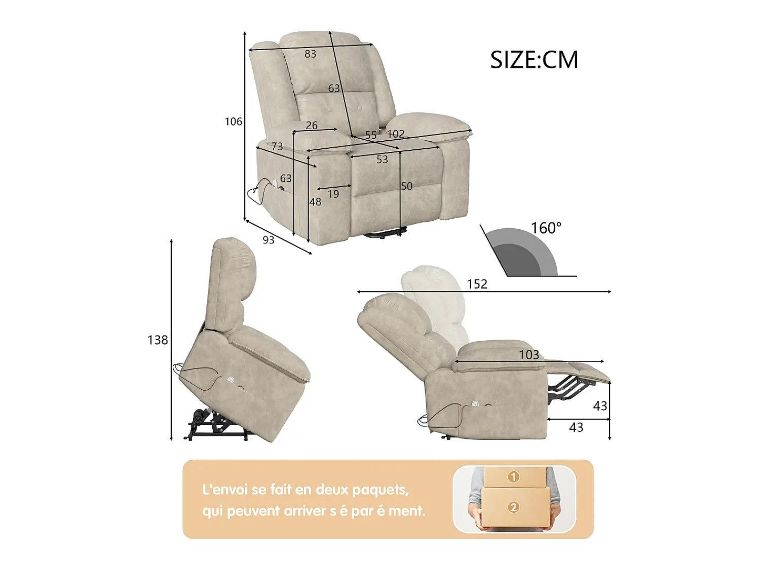 Poltrona* Poltrona elétrica reclinável 160° com controle remoto, massagem de 8 pontos + massagem lombar de 2 pontos, couro PU, marrom Castanho