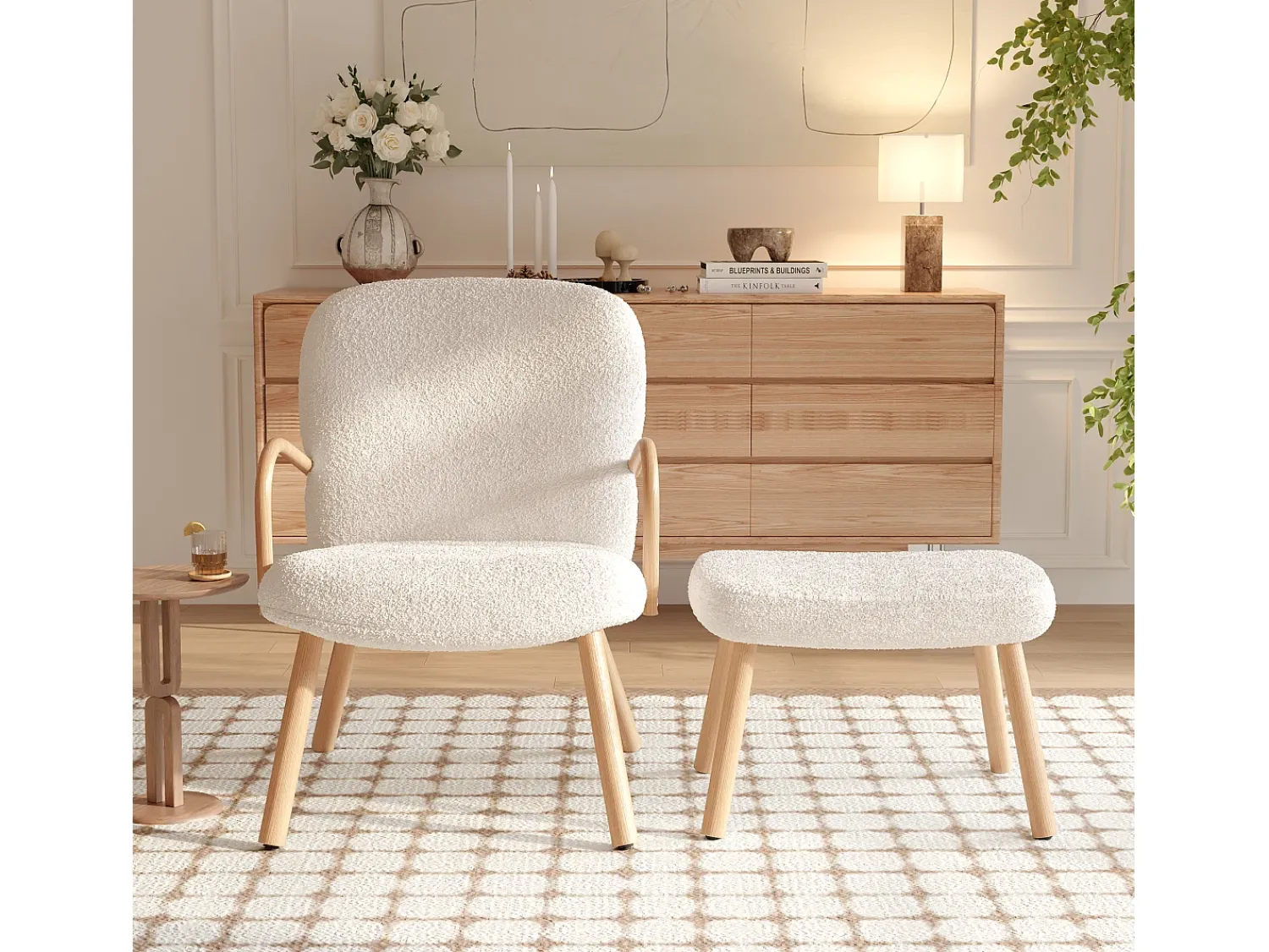 Outlet Poltrona escandinava, estofamento em imitação de caxemira com apoio para os pés, bege Branco