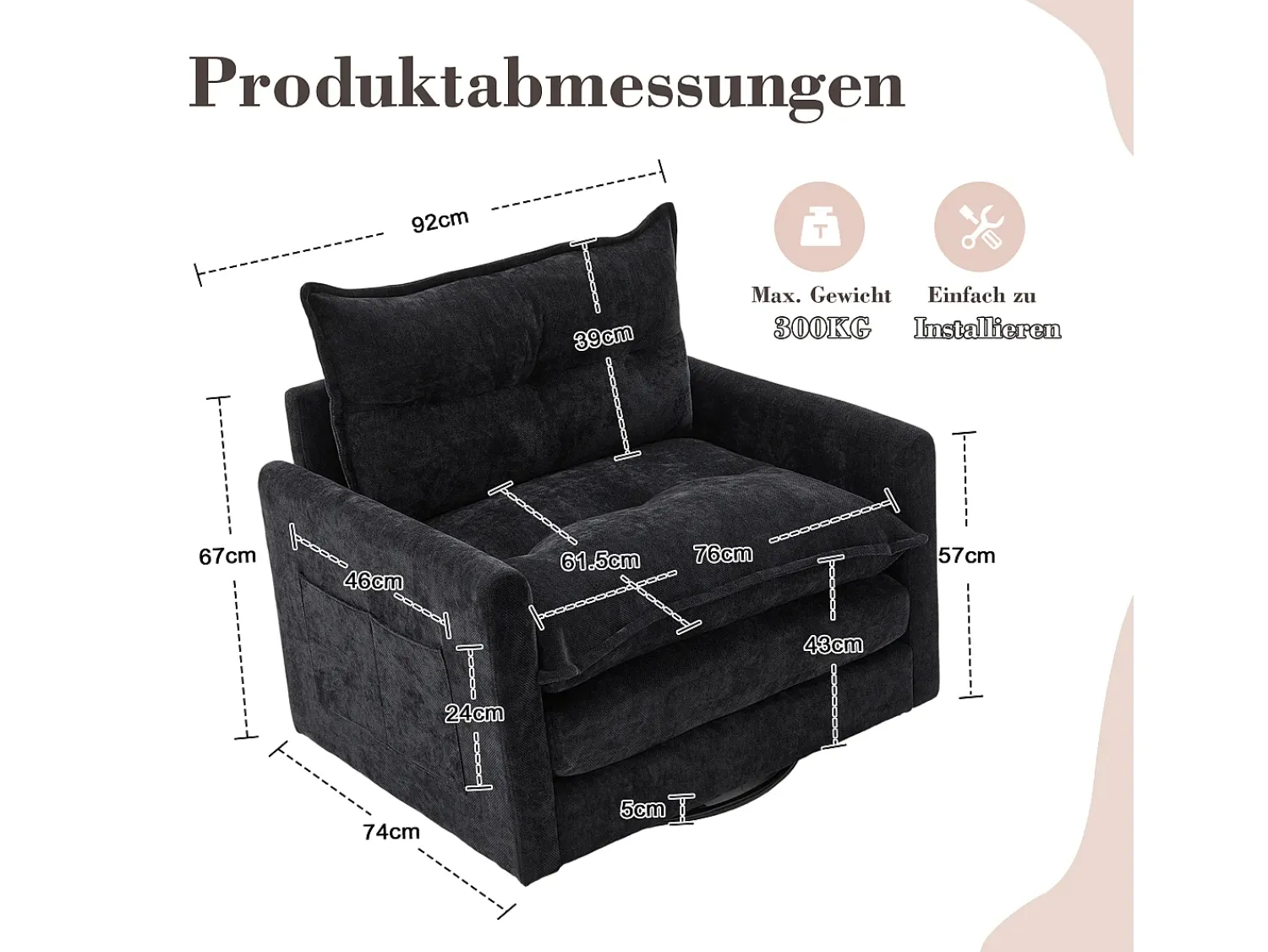 Sale Hauss Spole Poltrona giratória com bolso lateral - Tecido chenille - Preto