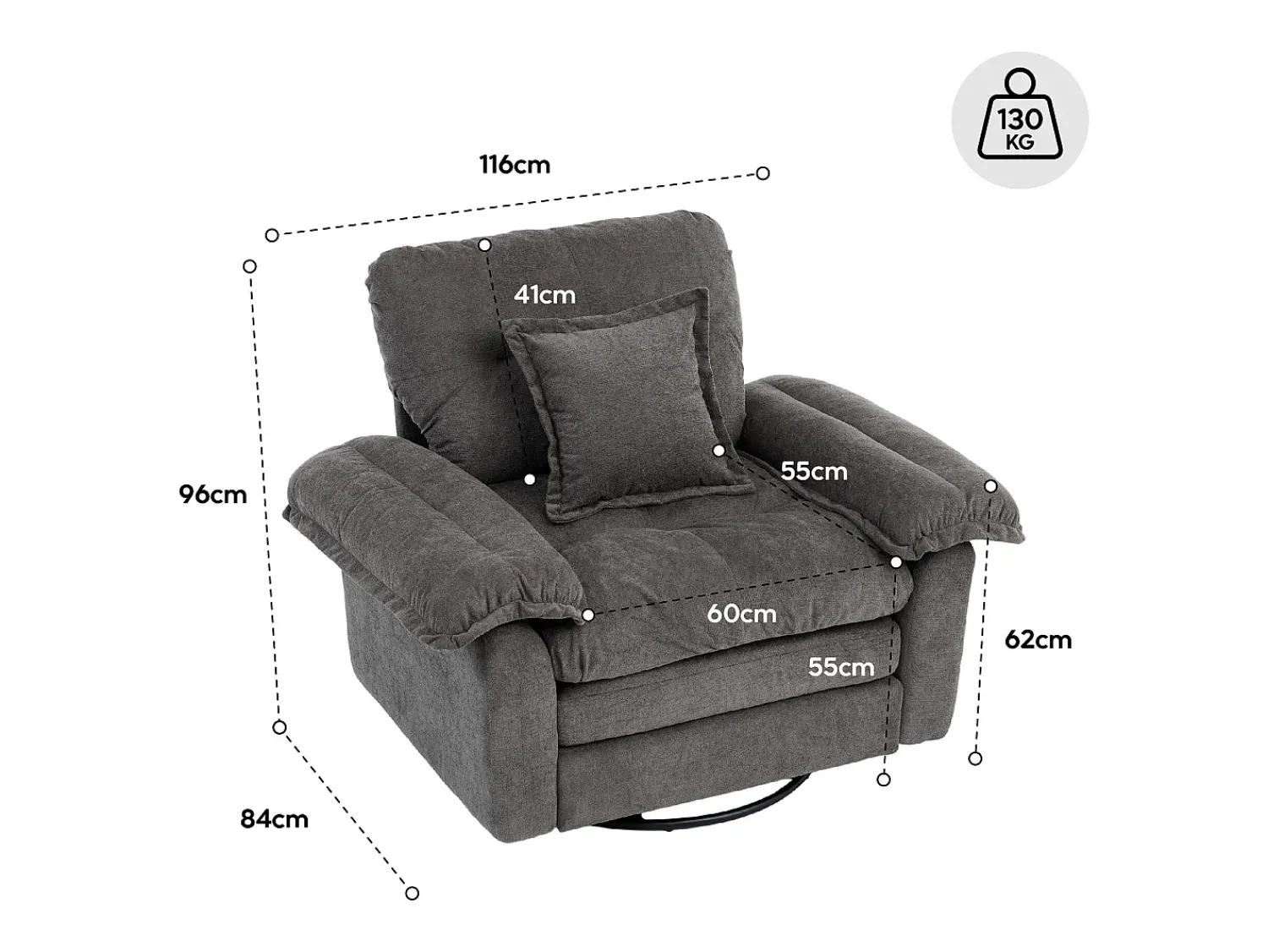 Hauss Spole Poltrona giratória em tecido chenille cinza com almofada - Ideal para sala de estar, quarto e escritório. Cinzento