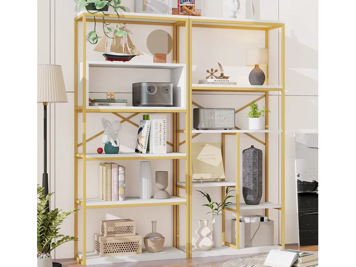 Online Hauss Spole Prateleira com as dimensões de 160 x 29,5 x 180 cm - Metal e MDF - Dourada e branca Branco