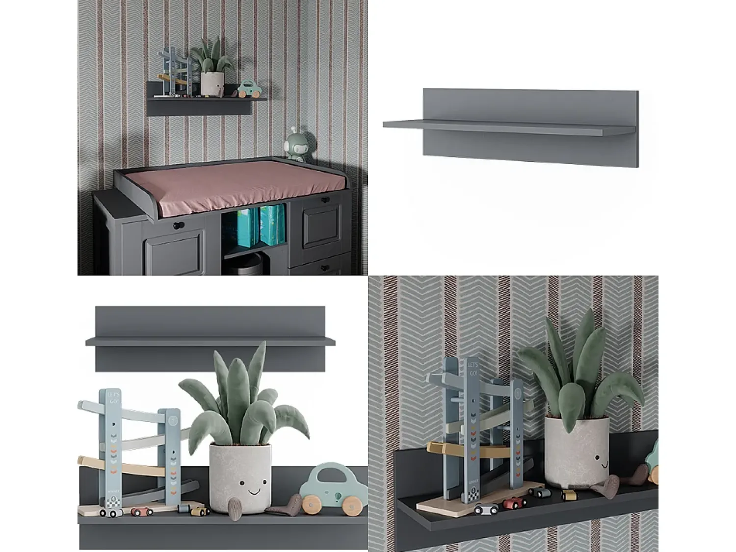 Vicco Prateleira de parede para o quarto das crianças cinza 70x20x20 ajaton^ Prateleira