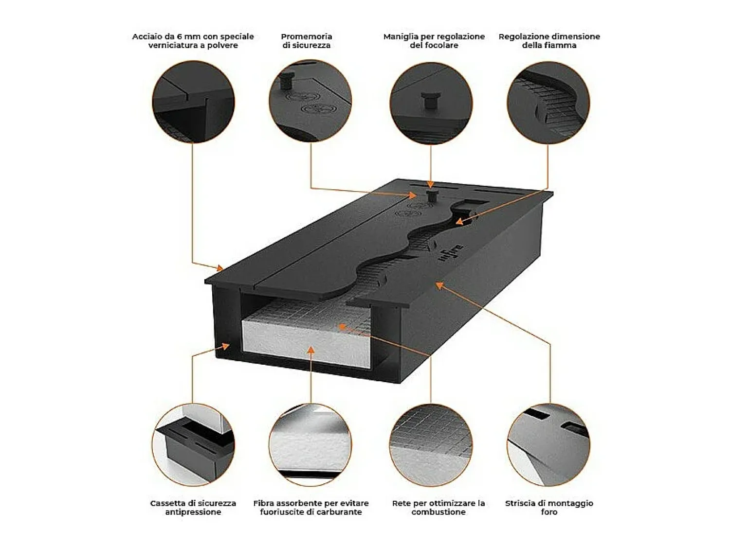 New Queimador de bioetanol 120cm em aço inoxidável , 5 lt Preto