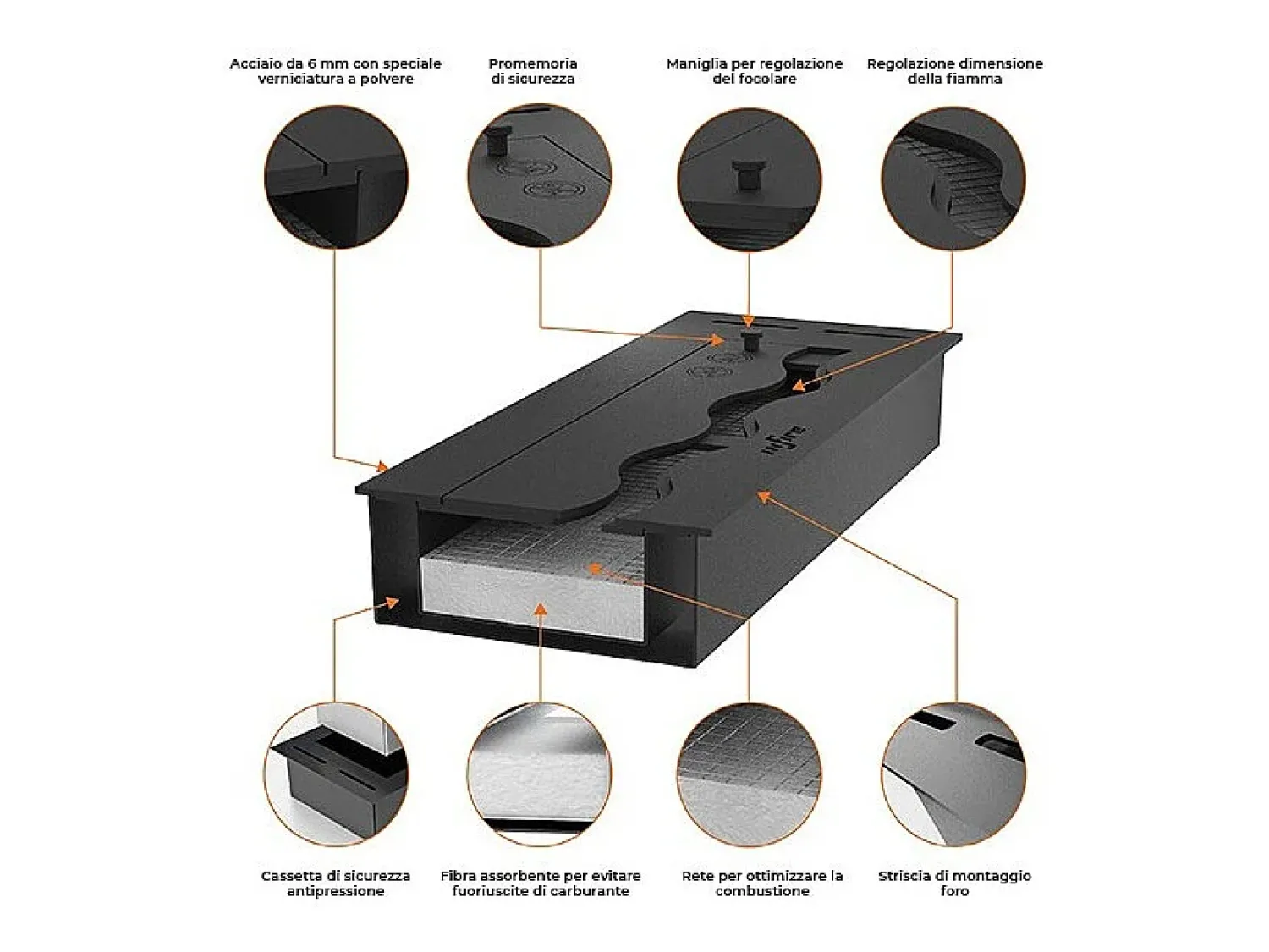 Lareira* Queimador de inserção de bioetanol embutido de 1,2 litros em aço inoxidável 60cm Preto
