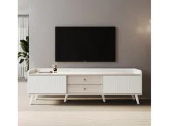 Móvel De Tv* Rack para TV baixo com gavetas, Rack para TV moderno com duas portas de correr, Cor branca e madeira Branco