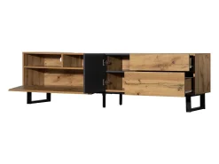 Móvel De Tv| Rack para TV baixo em estilo industrial retrô, 180 cm, com 2 portas e 2 gavetas, e madeira. Preto