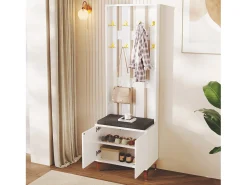 Móvel De Entrada|Hauss Spole Roupeiro com 2 portas, sapateira e almofada, ganchos, pés dourados 60,5x35,2x180,5cm Branco