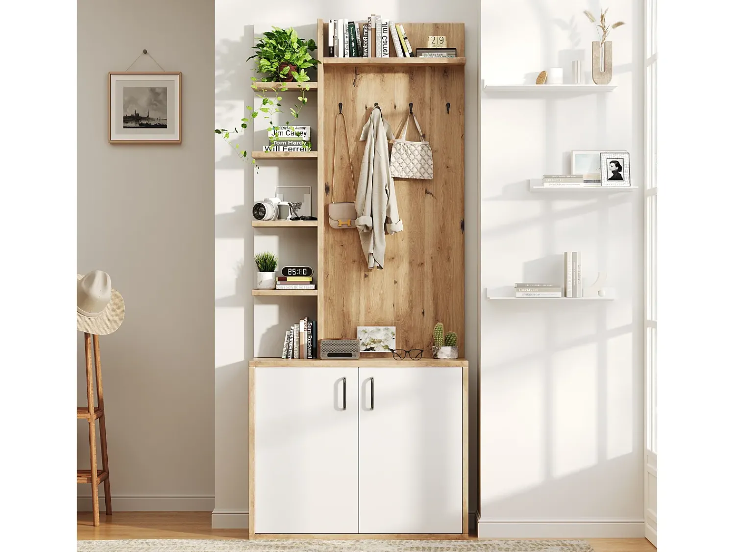 Móvel De Entrada*Hauss Spole Roupeiro branco e natural com 2 portas, 5 prateleiras e ganchos, tampo em madeira granulada 75x33x180cm Natural claro