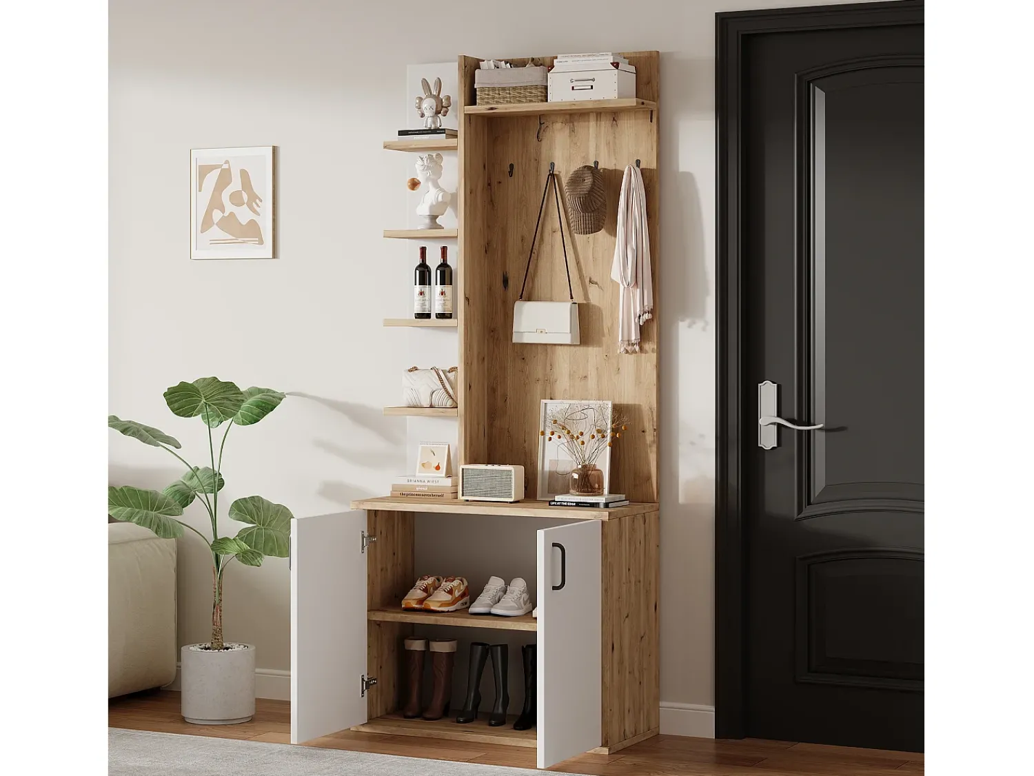 Móvel De Entrada*Hauss Spole Roupeiro branco e natural com 2 portas, 5 prateleiras e ganchos, tampo em madeira granulada 75x33x180cm Natural claro