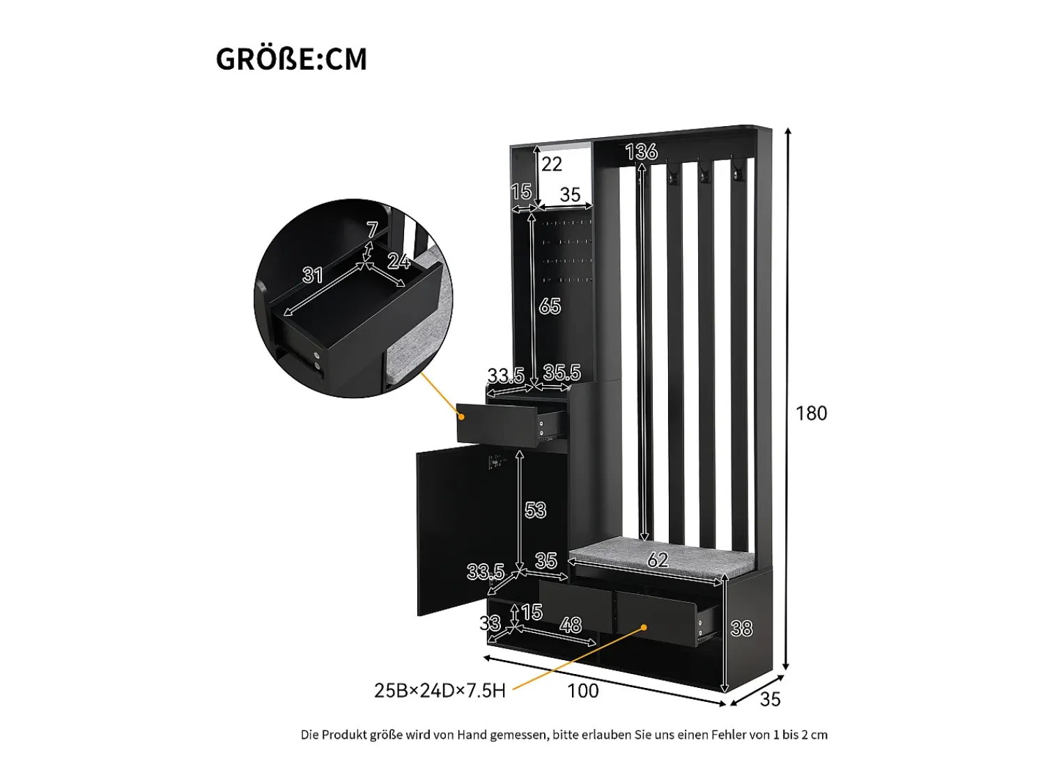Móvel De Entrada*Hauss Spole Roupeiro com 3 gavetas, 1 porta, 4 ganchos e painel perfurado, 100 x 35 x 180 cm Preto