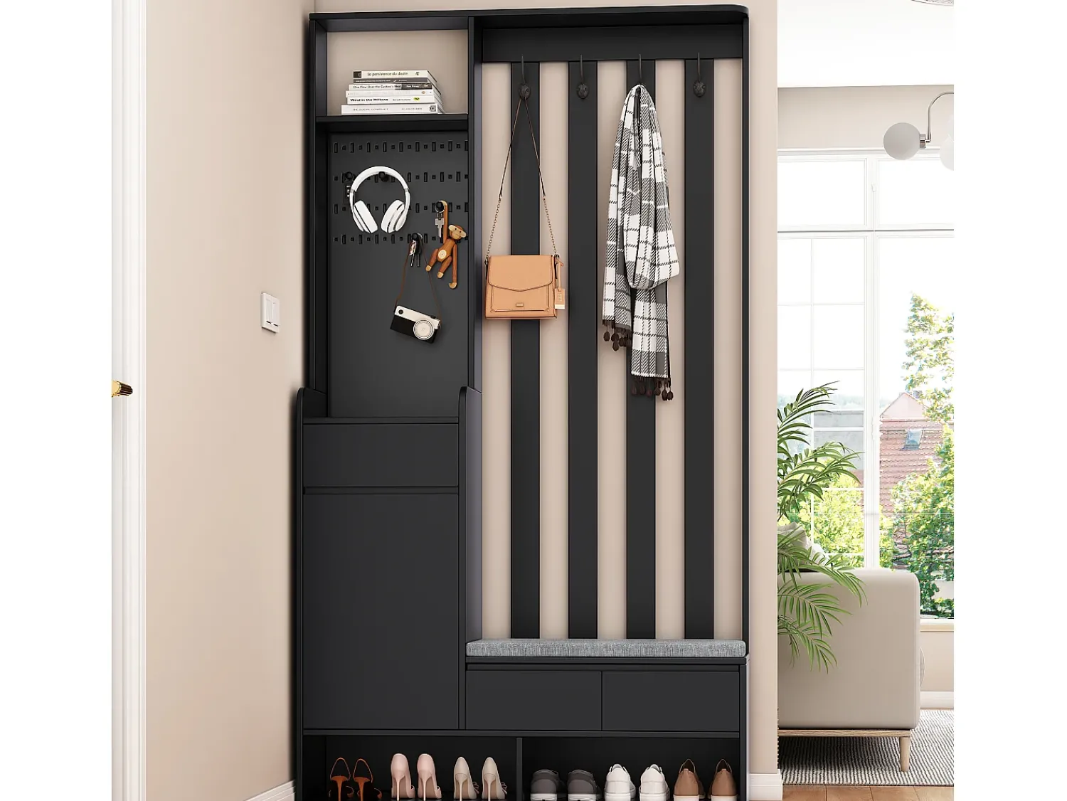 Móvel De Entrada*Hauss Spole Roupeiro com 3 gavetas, 1 porta, 4 ganchos e painel perfurado, 100 x 35 x 180 cm Preto