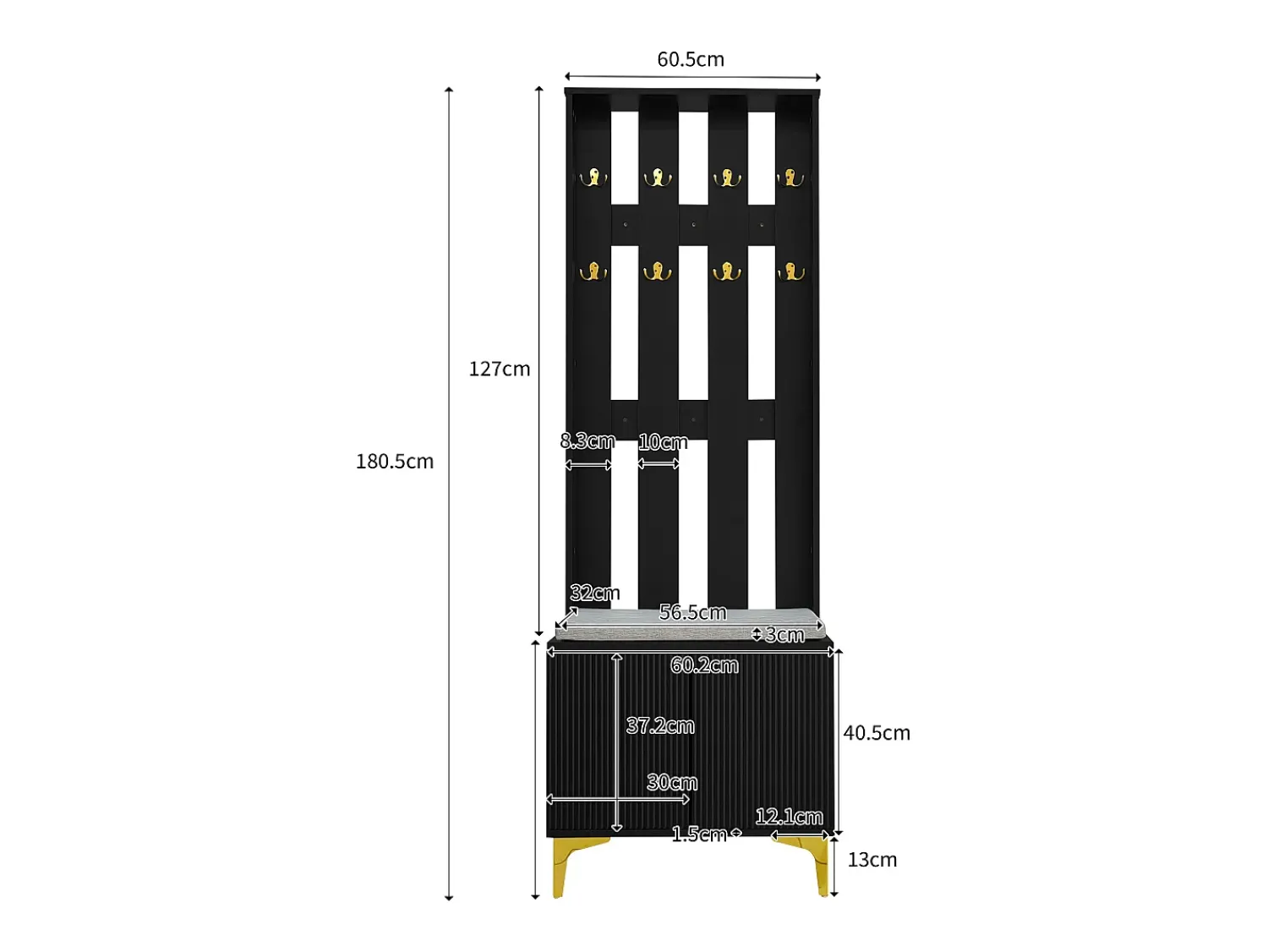 Móvel De Entrada*Hauss Spole Roupeiro com 2 portas, sapateira e almofada, ganchos, pés dourados 60,5x35,2x180,5cm Preto