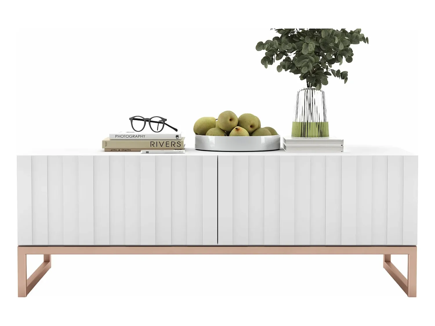 Online Salontafel met 2 deuren – Matwitte kast, geribde matwitte fronten – 110 cm, metalen frame Branco