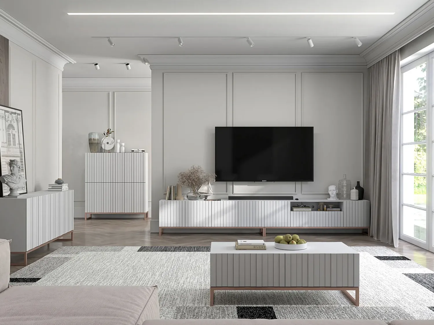 Online Salontafel met 2 deuren – Matwitte kast, geribde matwitte fronten – 110 cm, metalen frame Branco