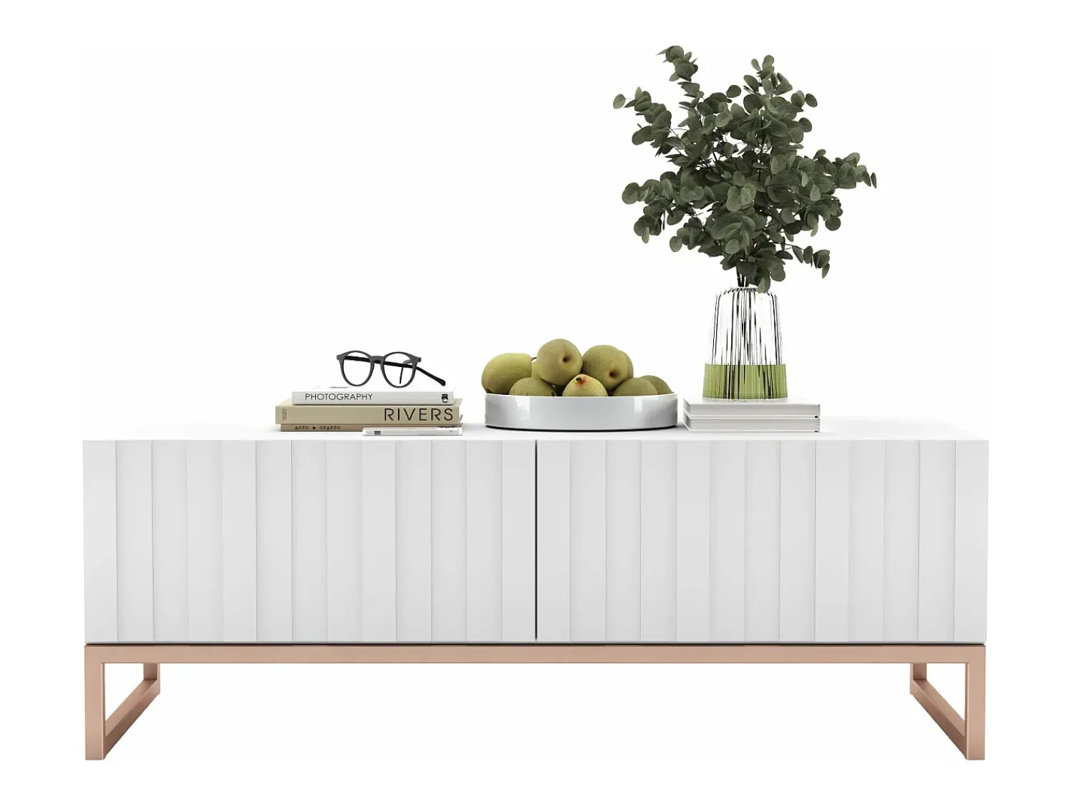 Online Salontafel met 2 deuren – Matwitte kast, geribde matwitte fronten – 110 cm, metalen frame Branco