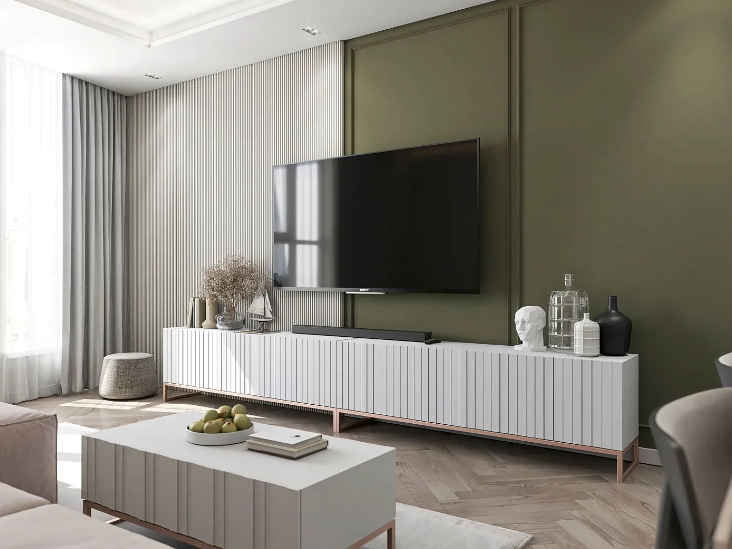 Online Salontafel met 2 deuren – Matwitte kast, geribde matwitte fronten – 110 cm, metalen frame Branco