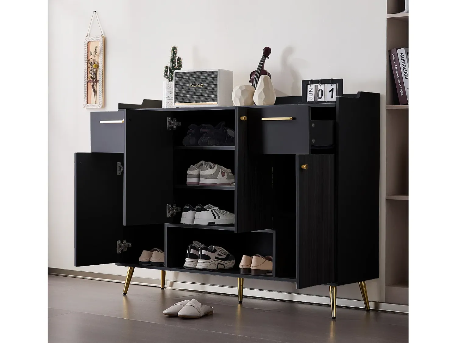 Móvel De Arrumação|Sapateira|ModernLuxe Sapateira - 2 gavetas + 4 portas + compartimento aberto - Preto