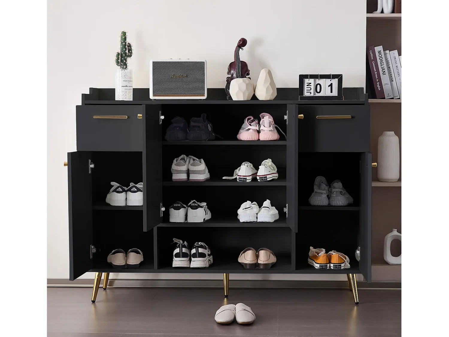 Móvel De Arrumação|Sapateira|ModernLuxe Sapateira - 2 gavetas + 4 portas + compartimento aberto - Preto