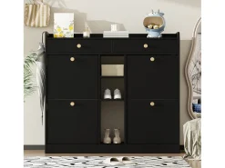 Móvel De Arrumação|Sapateira|Merax Sapateira com 2 gavetas, 3 compartimentos abertos e 4 portas de batente - 110 x 26 x 100 cm - Aglomerado - Preto