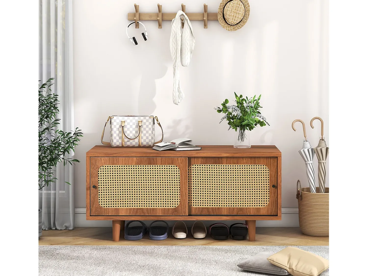 Discount Hauss Spole Sapateira com 2 portas de correr - Prateleiras ajustáveis- Cor natural Natural escuro