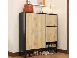 New ModernLuxe Sapateira com banco rebatível - 3 portas basculantes - Preto e Natural Natural claro