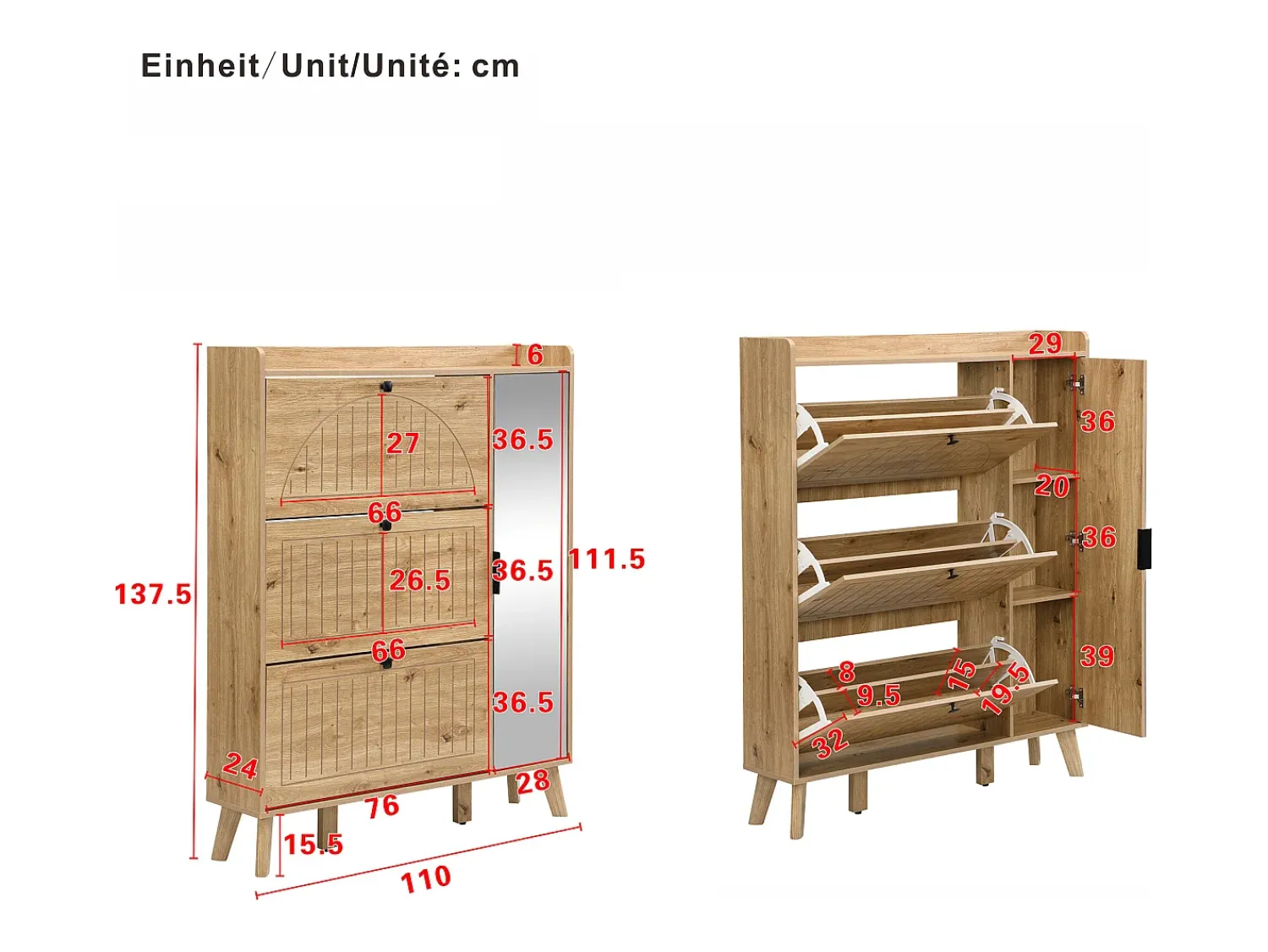 Móvel De Arrumação|Sapateira*Hauss Spole Sapateira com espelho e 4 portas - Madeira MDF - Cor da madeira Natural claro