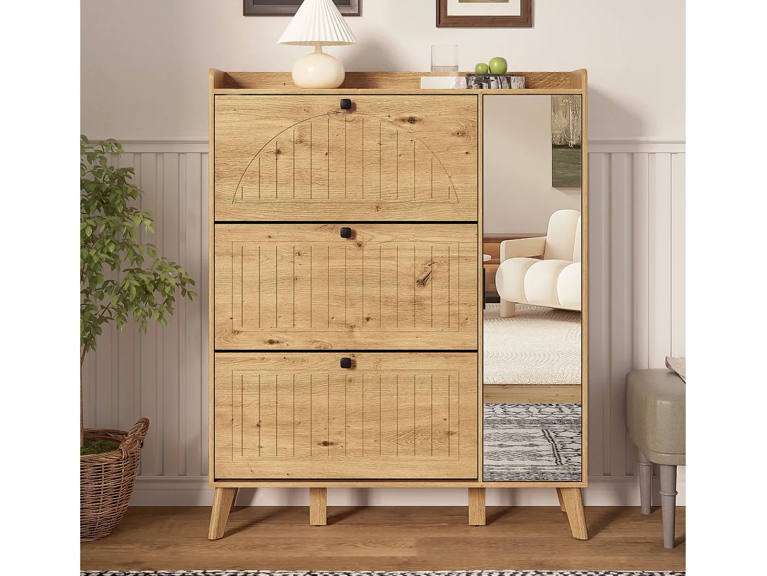 Móvel De Arrumação|Sapateira*Hauss Spole Sapateira com espelho e 4 portas - Madeira MDF - Cor da madeira Natural claro