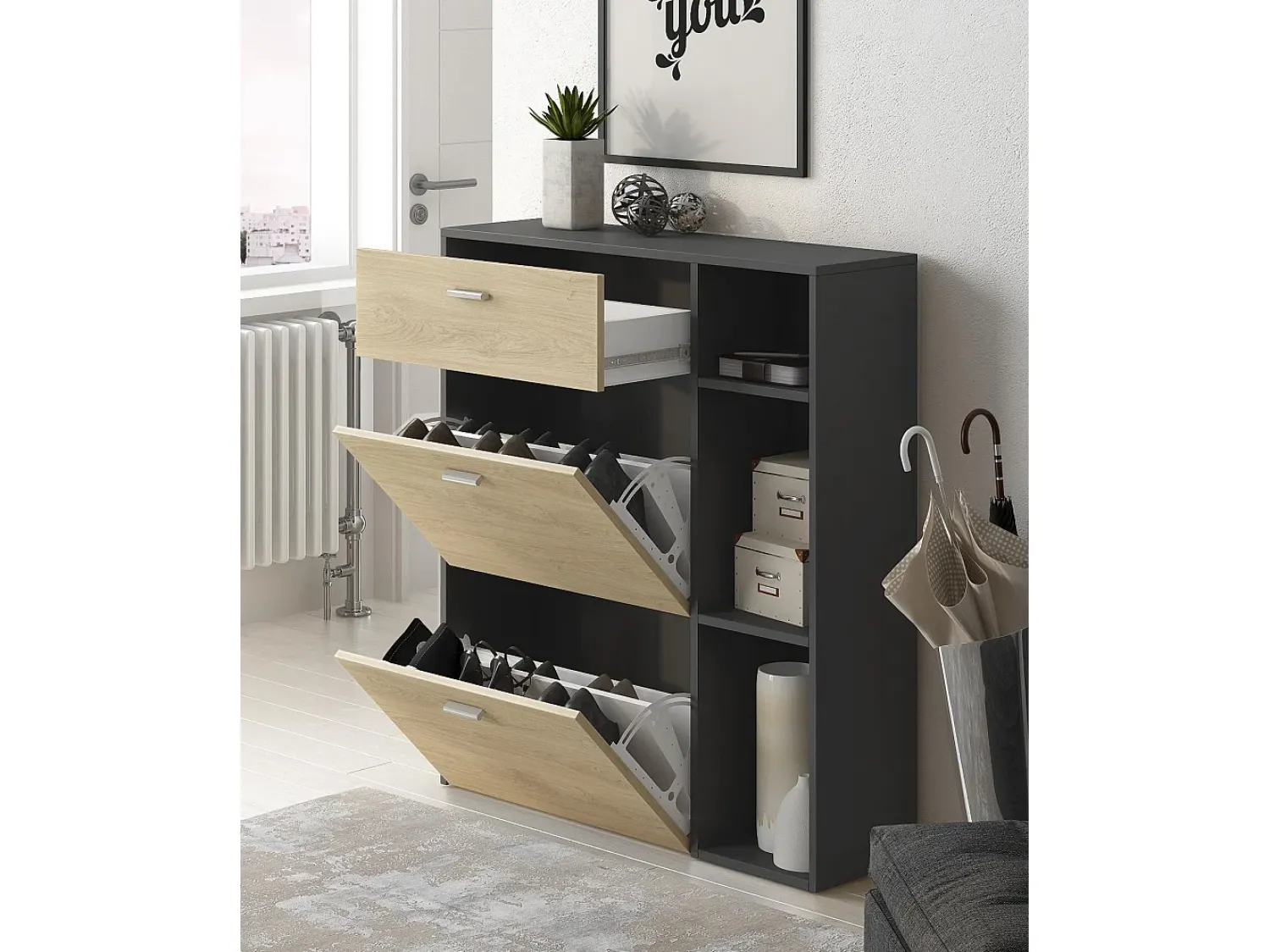 New Skraut Home Sapateira cor Cinzento antracite e Carvalho, 90x26x102cm Natural claro
