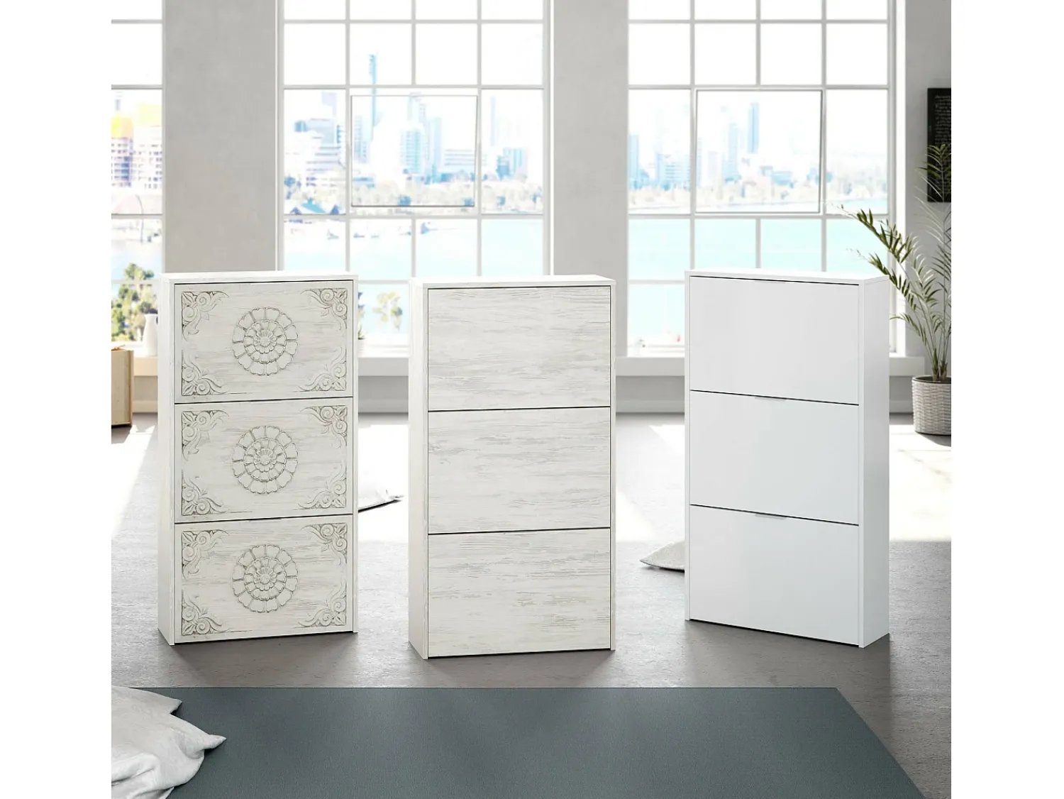 Móvel De Arrumação|Sapateira|Dmora Sapateira Dcosta, guarda-roupa com 3 portas sanfonadas, armário de dupla capacidade para até 18 pares de sapatos, 60x22h113 cm, antigo Branco