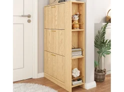 Merax Sapateira de madeira - 70 x 23,5 x 11,5 cm - Design com 3 portas + prateleiras abertas - MDF - cor natural^ Móvel De Arrumação|Sapateira