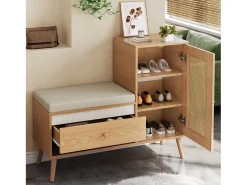 Móvel De Arrumação|Sapateira|Merax Sapateira de rattan - 95,5 x 35 x 80,5 cm - com porta + almofada para assento + gaveta + espaço de armazenamento aberto - MDF - cor natural Natural claro