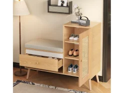 Móvel De Arrumação|Sapateira|Merax Sapateira de rattan - 95,5 x 35 x 80,5 cm - com porta + almofada para assento + gaveta + espaço de armazenamento aberto - MDF - cor natural Natural claro