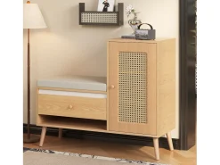 Móvel De Arrumação|Sapateira|Merax Sapateira de rattan - 95,5 x 35 x 80,5 cm - com porta + almofada para assento + gaveta + espaço de armazenamento aberto - MDF - cor natural Natural claro