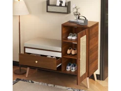 Online Merax Sapateira de vime - 95,5 x 35 x 80,5 cm - com porta + almofada para assento + gaveta + espaço de armazenamento aberto - MDF - marrom Castanho