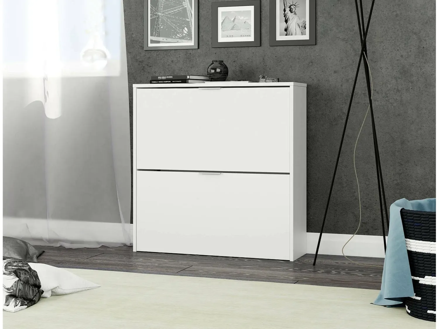 Dmora Sapateira Dighina, Sapateira com 2 portas dobráveis, Sapateira de entrada baixa, Armário baixo, 75x22h76 cm,^ Móvel De Arrumação|Sapateira