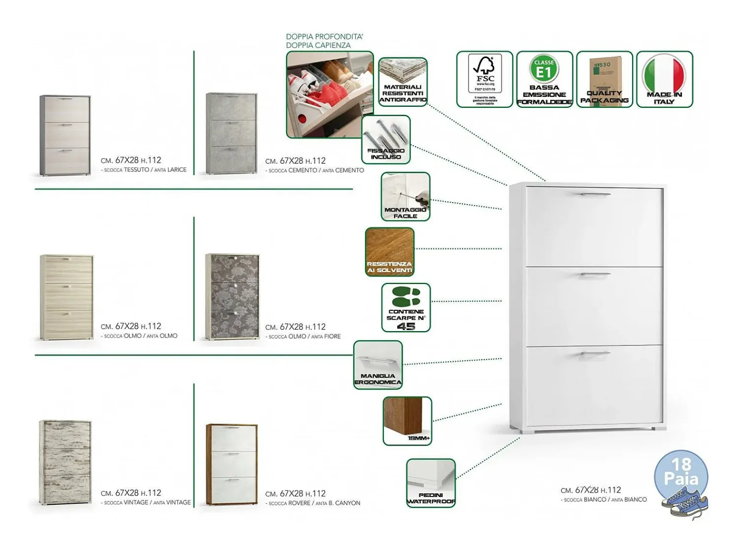 Móvel De Arrumação|Sapateira*Dmora Sapateira Dlos, Móvel de entrada multiuso com 3 portas sanfonadas, Sapateira de dupla profundidade, 100% Fabricado na Itália, 67x28h112 cm, Olmo e estampado Castanho