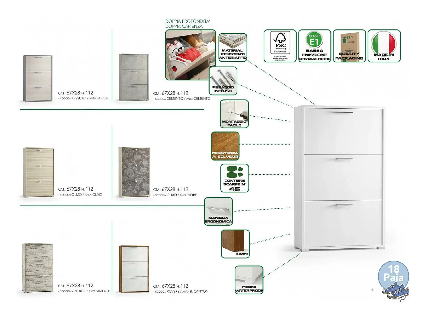 Móvel De Arrumação|Sapateira*Dmora Sapateira Dlos, Móvel de entrada multiuso com 3 portas sanfonadas, Sapateira de dupla profundidade, 100% Fabricado na Itália, 67x28h112 cm, Cimento Cinzento