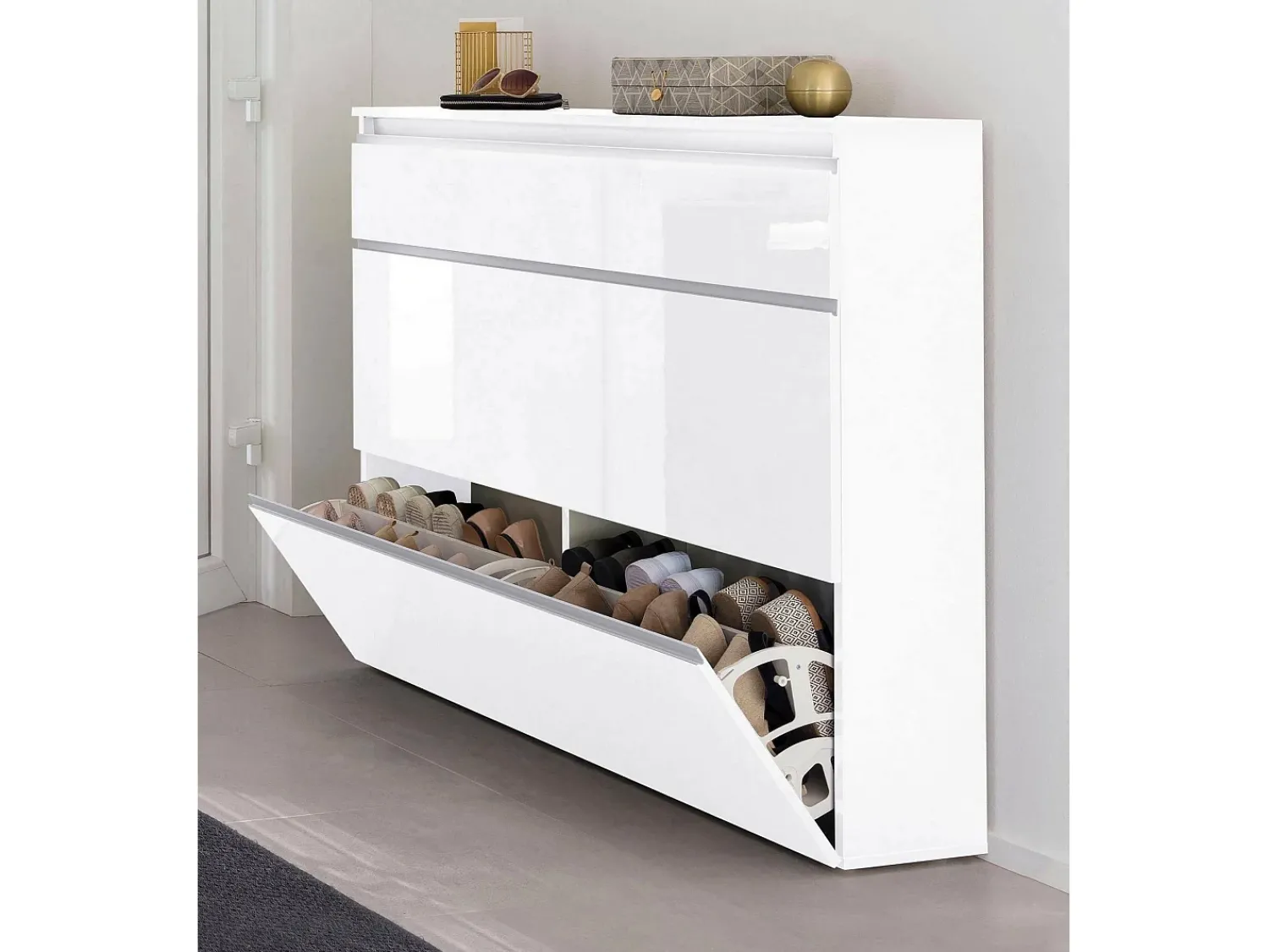 Móvel De Arrumação|Sapateira|Dmora Sapateira Dlukak, Armário multiuso com 2 portas e 1 porta basculante, Sapateira de entrada, 100% Fabricado na Itália, 120x27h108 cm, brilhante Branco